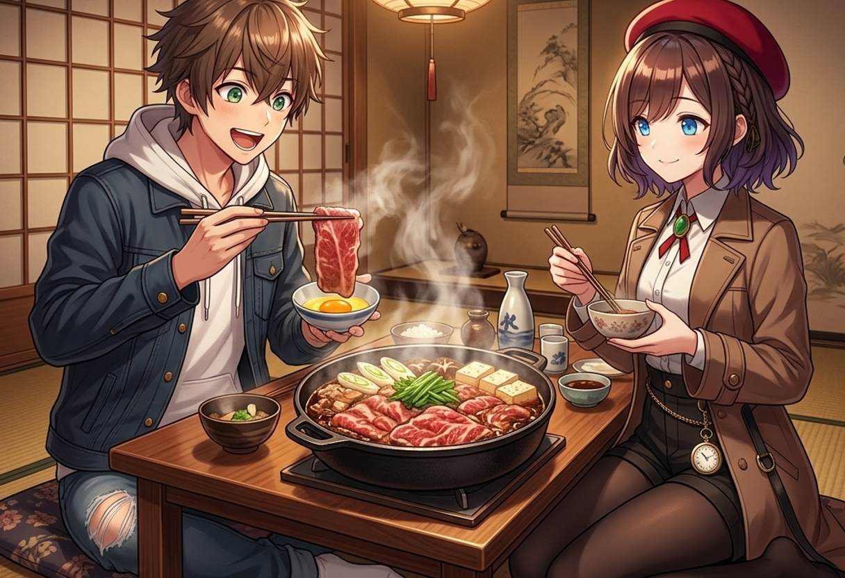 和風のお座敷で、グツグツと煮立つ近江牛のすき焼きを囲むケンとサクラ。ケンは大きな霜降り肉を箸で持ち上げて大喜びし、サクラは器を手に持ちながら楽しそうに微笑んでいます。