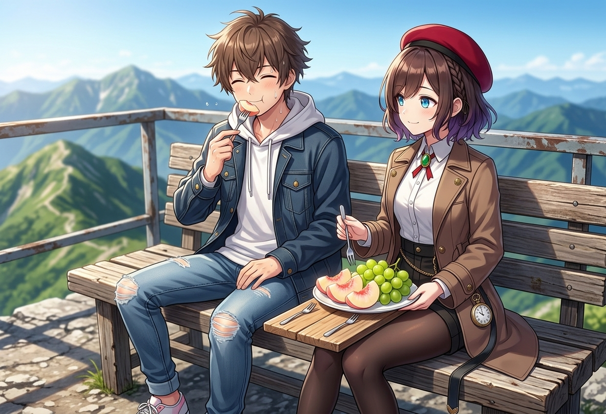 山頂の展望デッキのベンチで、登山の疲れを癒やすように岡山の白桃を食べるケンとサクラ。みずみずしい桃を頬張るケンと、お皿を持って優しく微笑むサクラの背景には、青空と山々が広がっています。