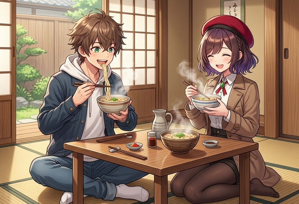 伝統的なお座敷で、アツアツのかすうどんを笑顔で食べるケンとサクラ