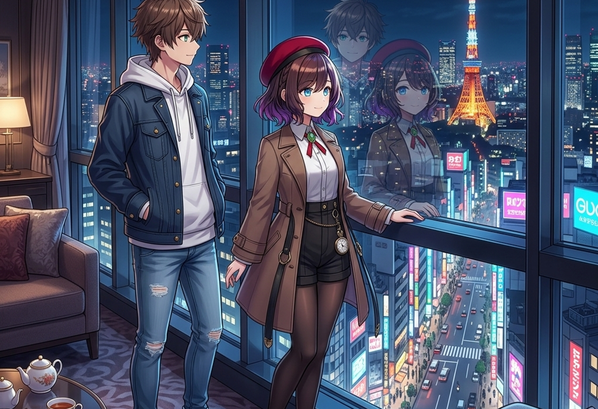 東京のホテルで夜景を楽しむケンとサクラ