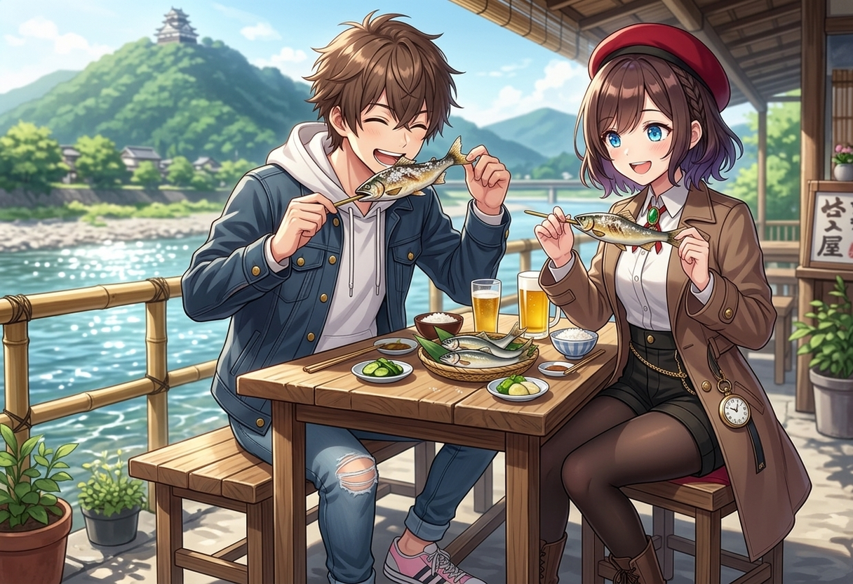 長良川沿いの川床テラスで、鮎の塩焼きを食べるケンとサクラ。ケンは竹串に刺さった鮎を豪快にかじりつき、サクラは嬉しそうに鮎を両手に持っています。遠くの山頂には岐阜城が見えます。
