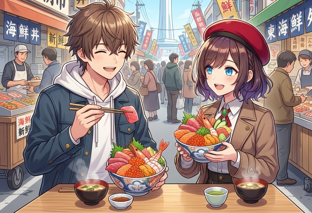 函館の海鮮丼を食べるケンとサクラ
