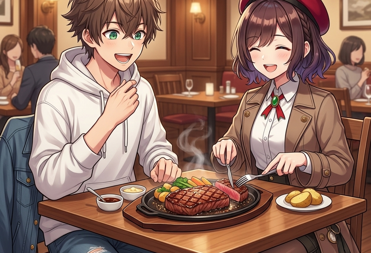 近江牛のステーキを食べるケンとサクラ