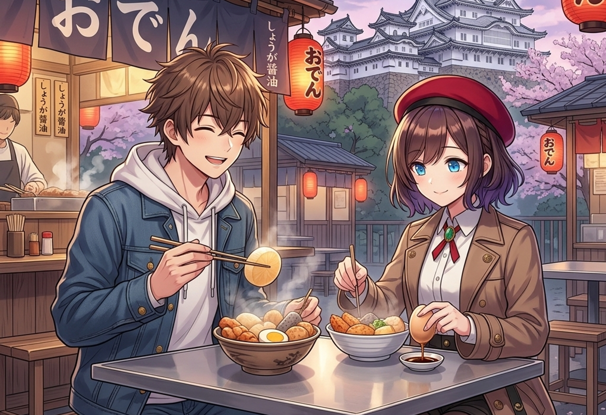 姫路おでんを食べるケンとサクラ