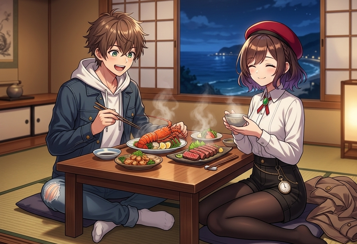 温泉旅館の和室で、豪華なうちわえびのボイルや平戸牛の鉄板焼きを前にして笑顔を見せるケンとサクラ