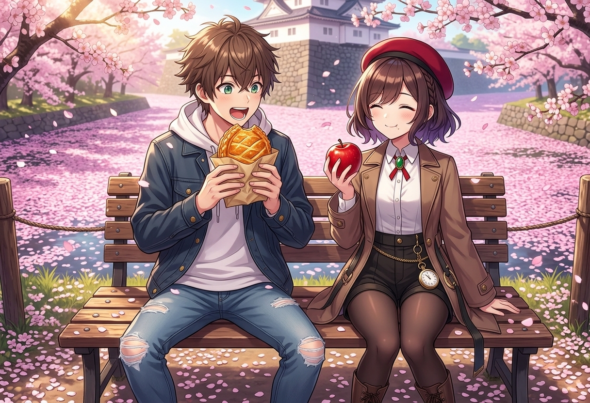 満開の桜とピンクの花びらで埋め尽くされたお堀を背に、ベンチでアップルパイを食べるケンとサクラ。ケンは大きなパイを両手で持ってかじりつこうとし、サクラは真っ赤なりんごを手にして幸せそうに微笑んでいます。