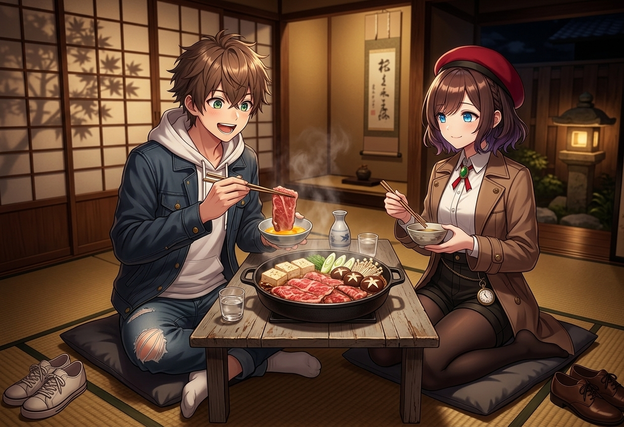 温かみのある和風のお座敷で、グツグツと煮立つ贅沢な松阪牛のすき焼き鍋を囲むケンとサクラ。ケンは生卵に通した霜降り肉を嬉しそうに持ち上げて大喜びし、サクラは器と箸を手に持ちながら楽しそうに微笑んでいます。