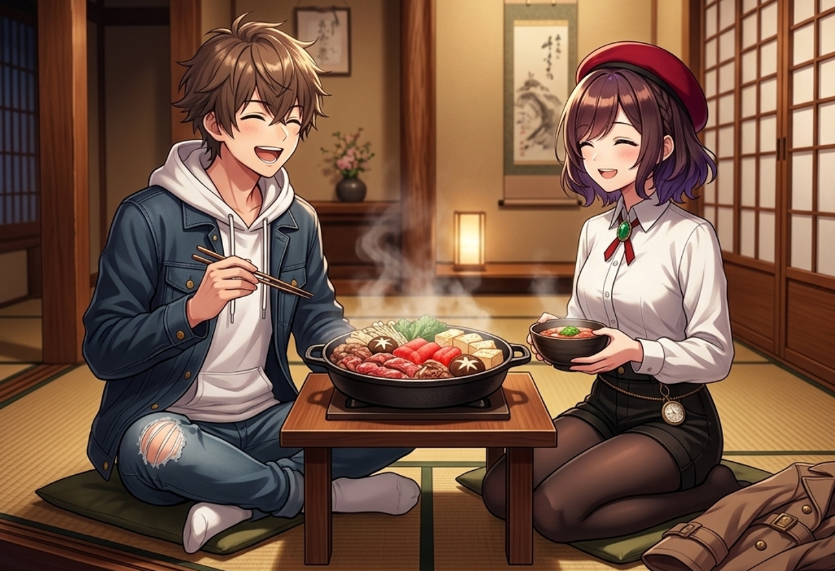 伝統的なお座敷で、近江牛のすき焼き鍋と鮮やかな赤こんにゃくを前に笑顔のケンとサクラ