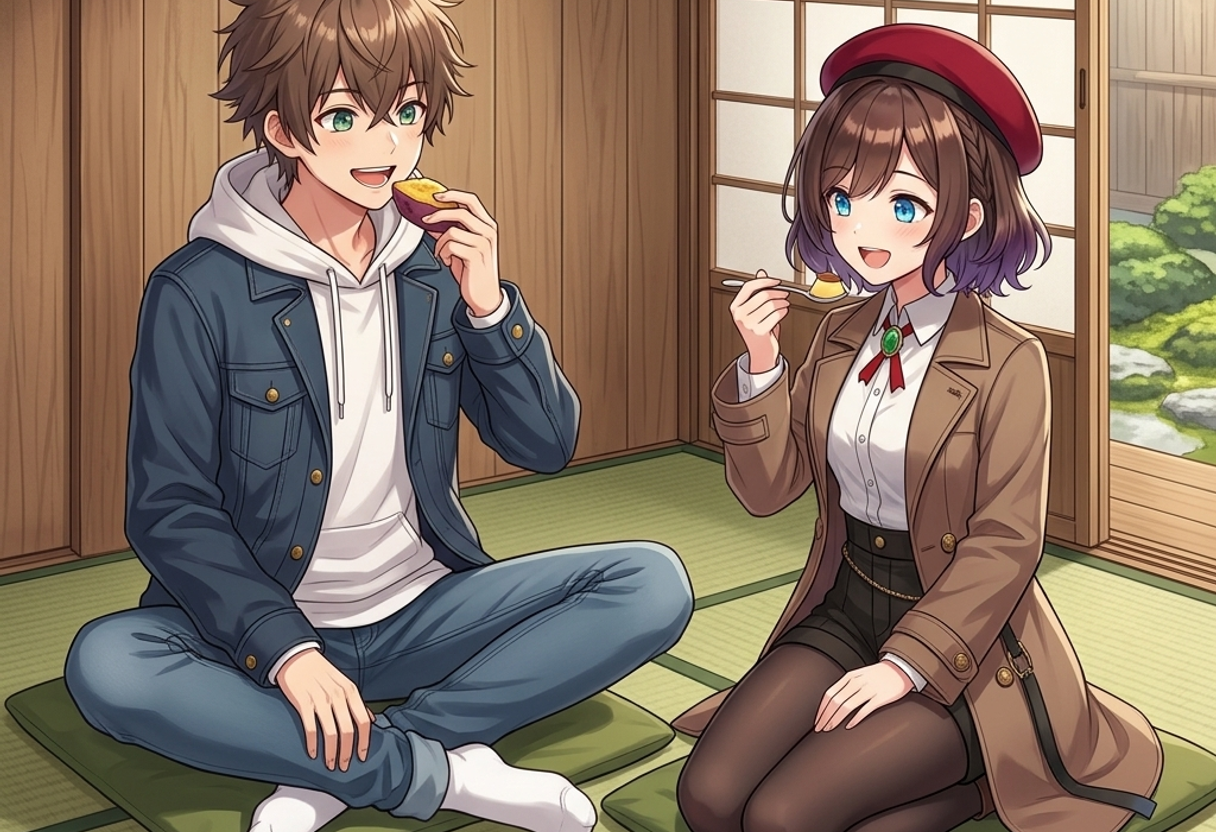 伝統的な茶屋でお茶と美味しいさつまいもスイーツを前に笑顔のケンとサクラ