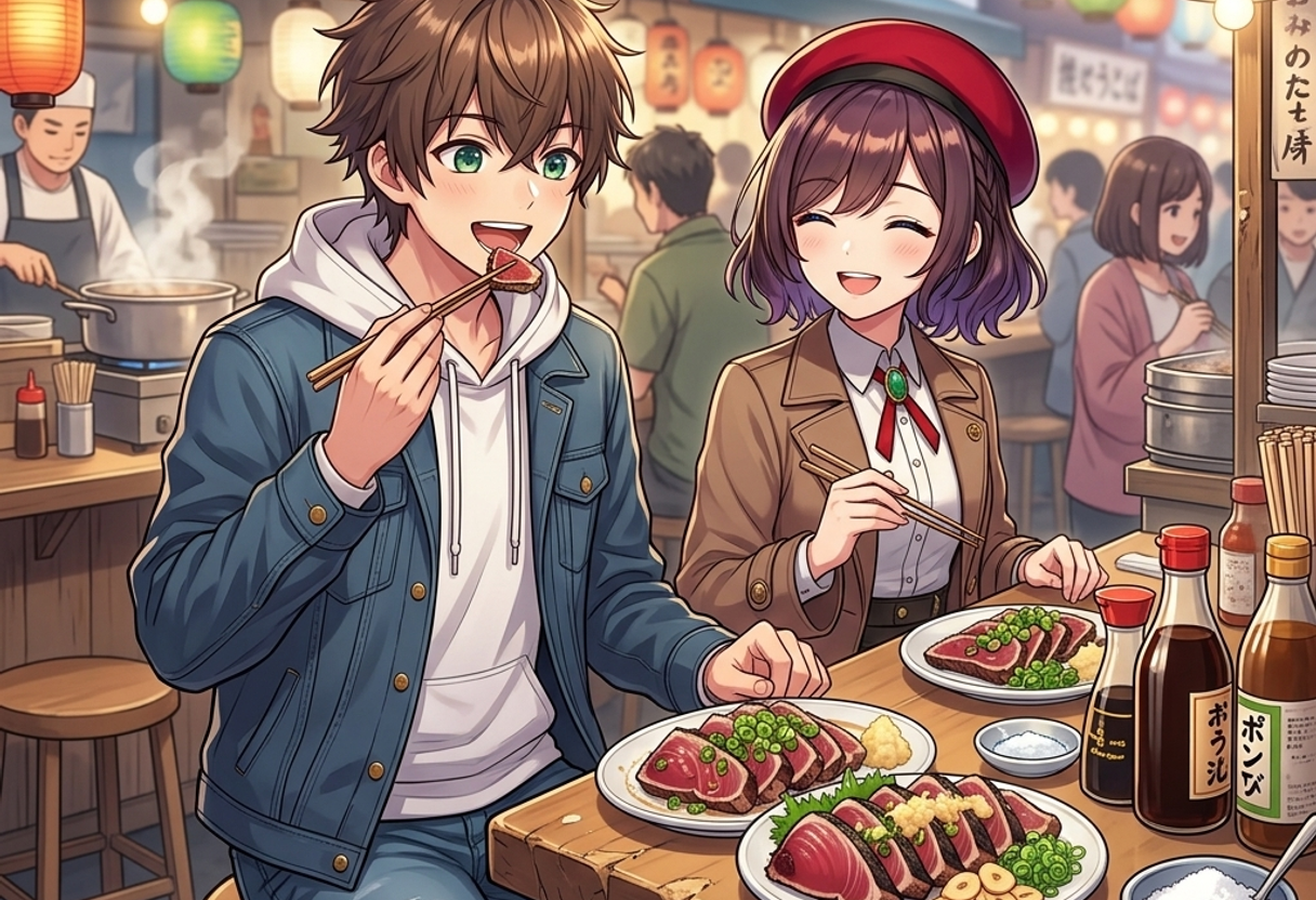 カツオのタタキを食べるケンとサクラ
