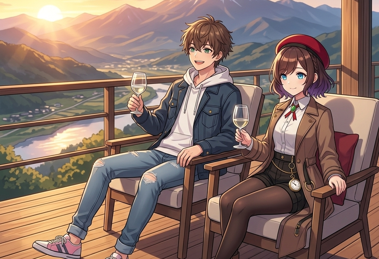 浅間山麓と千曲川の夕暮れ絶景を望む温泉リゾートのテラスで、ゆったりと小諸ワイングラスを傾けながら寛ぐケンとサクラ