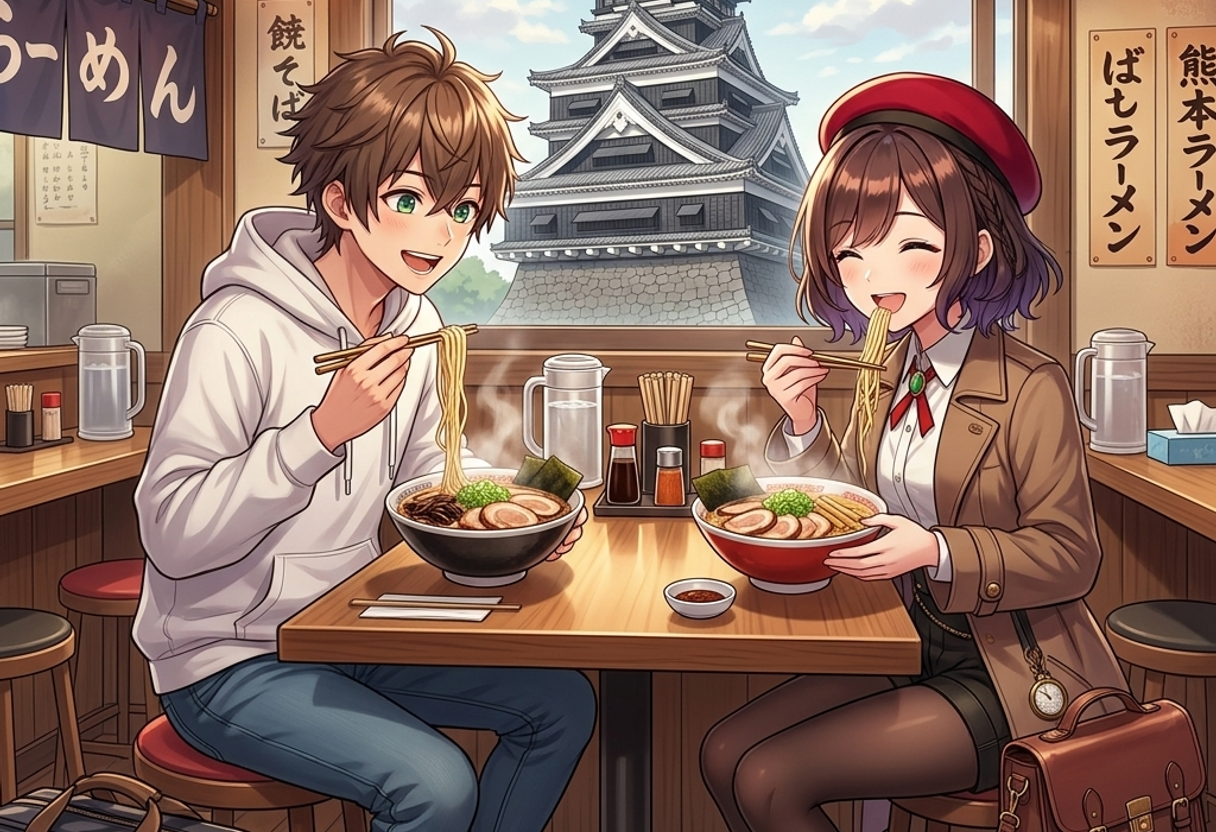 熊本ラーメンを食べるケンとサクラ