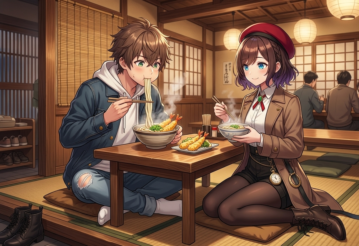 うどん店の座敷席で、打ちたて・茹でたてのコシの強い讃岐うどんを食べるケンとサクラ。ケンは湯気立ち上るうどんを豪快にすすってお腹を満たし、サクラは手元のお椀を持ちながら優しく微笑みかけています。