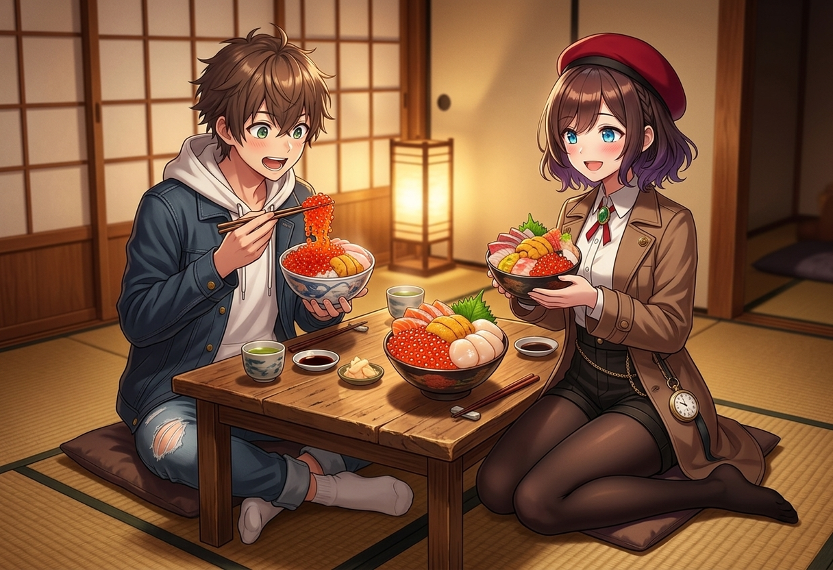 食堂の畳席で、イクラ、ウニ、ホタテが山盛りに乗った豪華な北海道海鮮丼を食べるケンとサクラ。ケンはキラキラ光るイクラを口に運んで目を丸くして感激し、サクラは丼を手に幸せそうな笑顔を見せています。