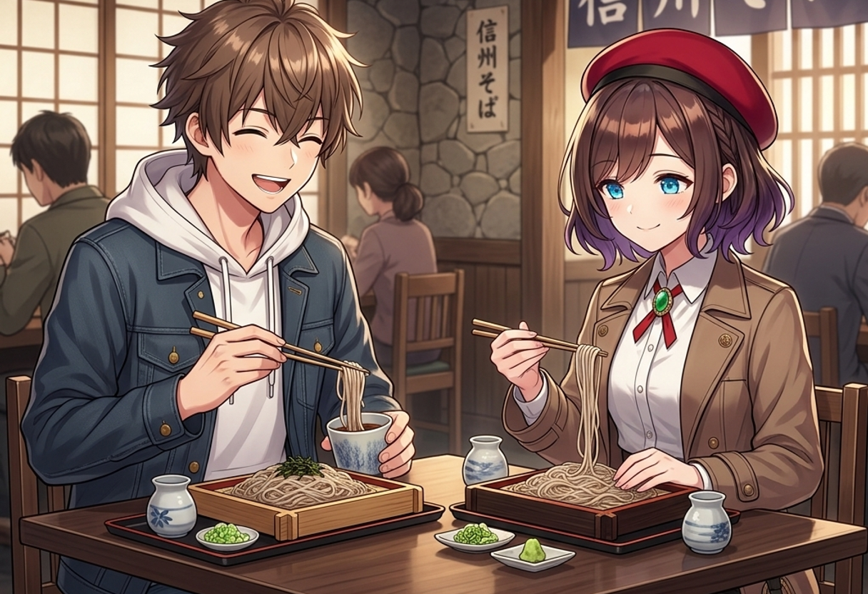 信州そばを食べるケンとサクラ