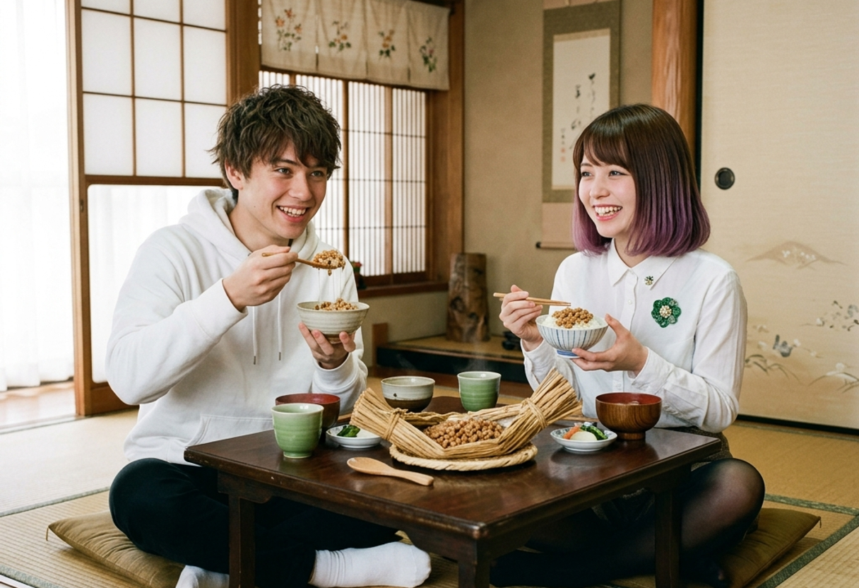 和室の畳の部屋で、ご飯の上にわら納豆をかけて美味しそうに食べるケンとサクラ