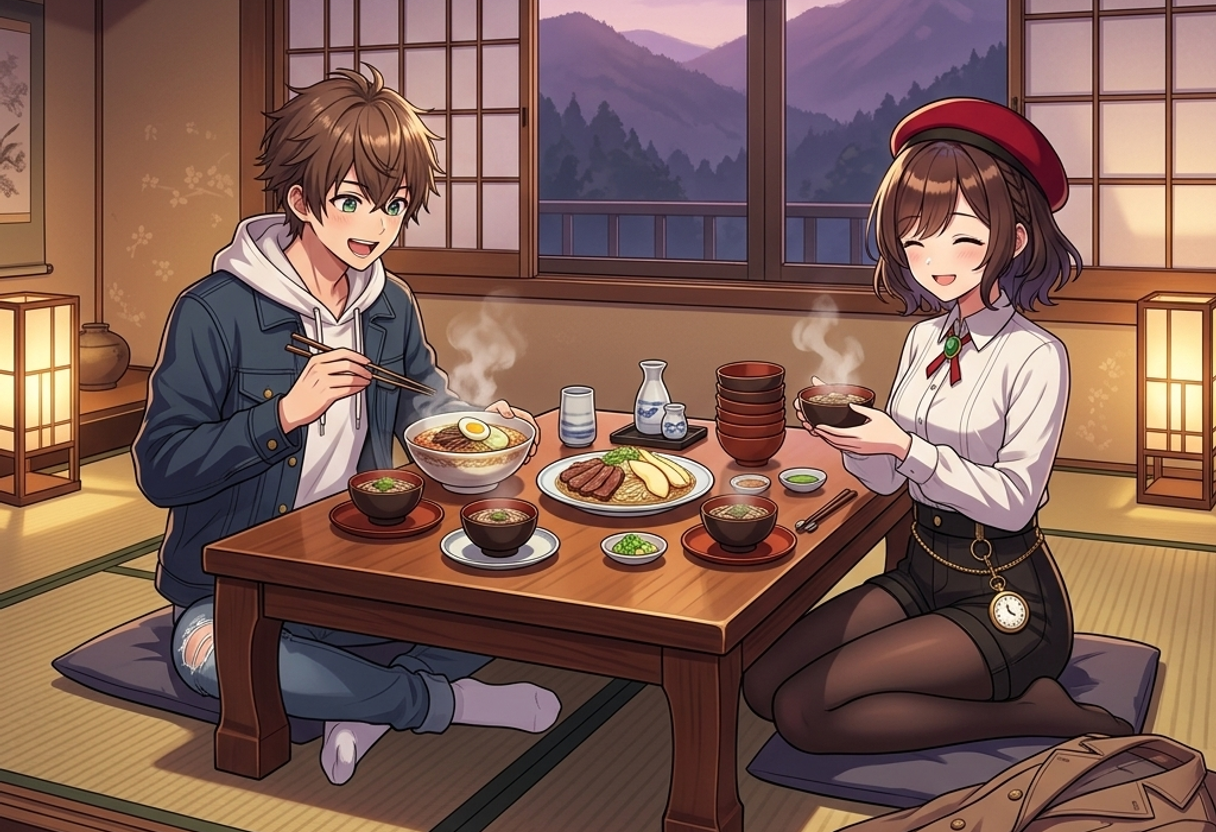 繋温泉の旅館のお座敷で、盛岡冷麺と小さなわんこそばのセットを美味しそうに食べるケンとサクラ