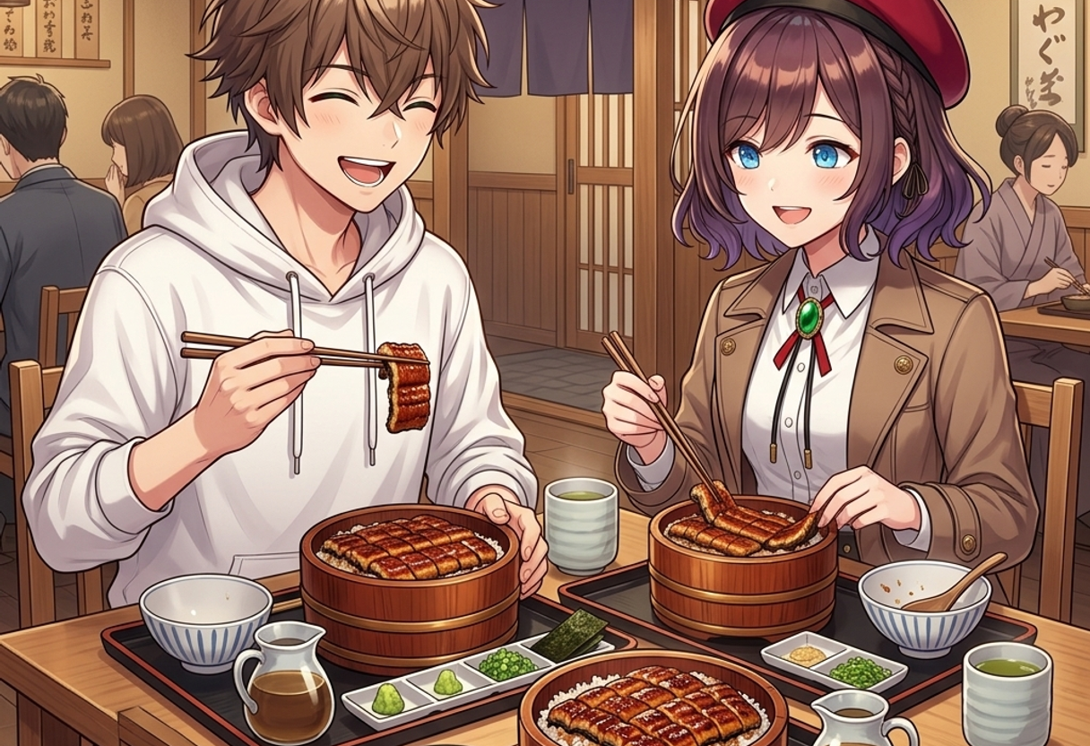 ひつまぶしを食べるケンとサクラ