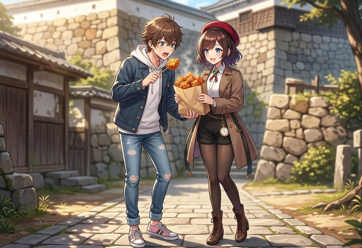 お城近くの公園で、からあげの紙袋を手にアツアツの中津からあげを食べるケンとサクラ。ケンは串に刺した大ぶりのからあげをふーふーと冷ましながら口に運ぼうとし、サクラは袋を手に楽しそうに見つめています。