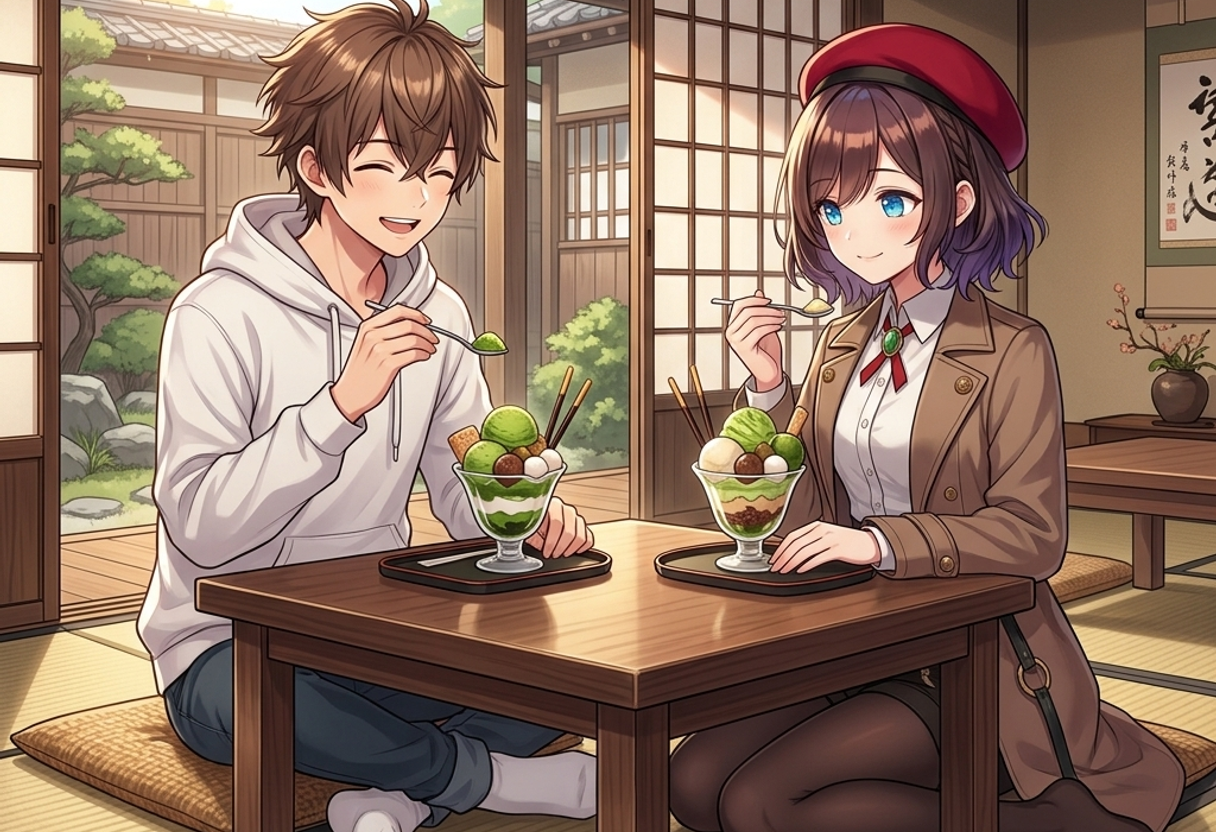京都の和カフェで抹茶スイーツを楽しむケンとサクラ