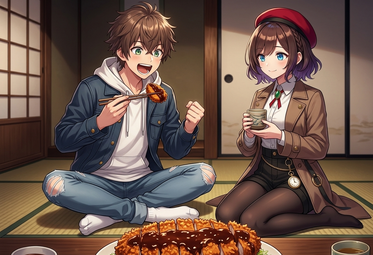 和室のお座敷で、たっぷりと黒褐色の八丁味噌ダレがかかった味噌カツを嬉しそうに食べるケンと、笑顔でお茶を淹れているサクラ。