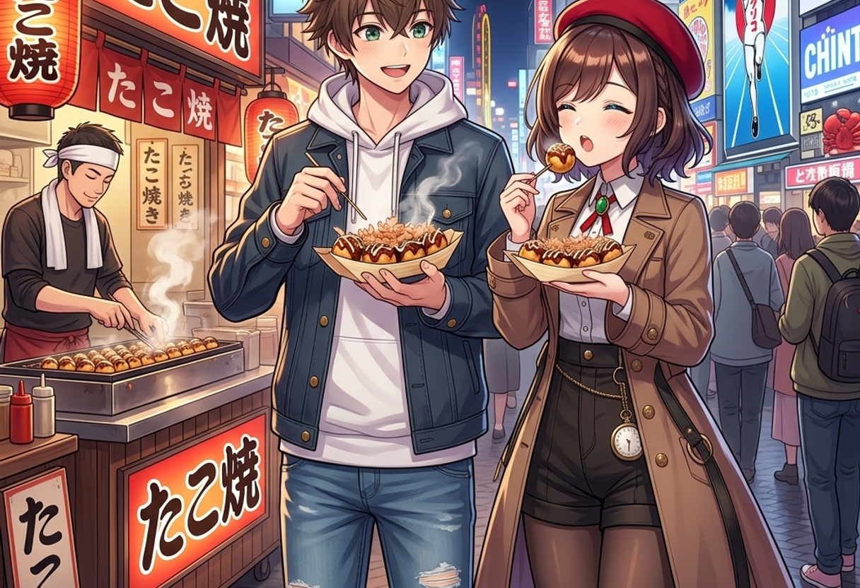 たこ焼きを食べるケンとサクラ