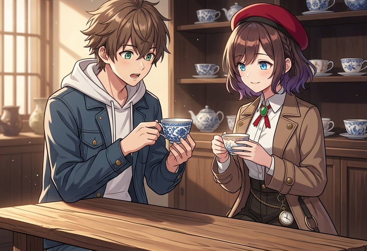 落ち着いた器ギャラリーで、繊細で美しい有田焼の磁器を手に取って感銘を受けるケンとサクラ