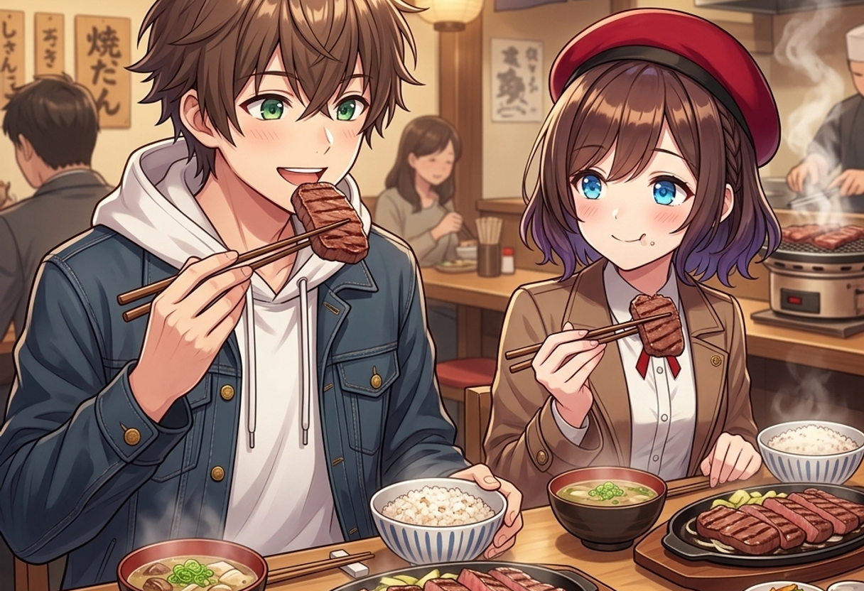 牛タン焼きを食べるケンとサクラ