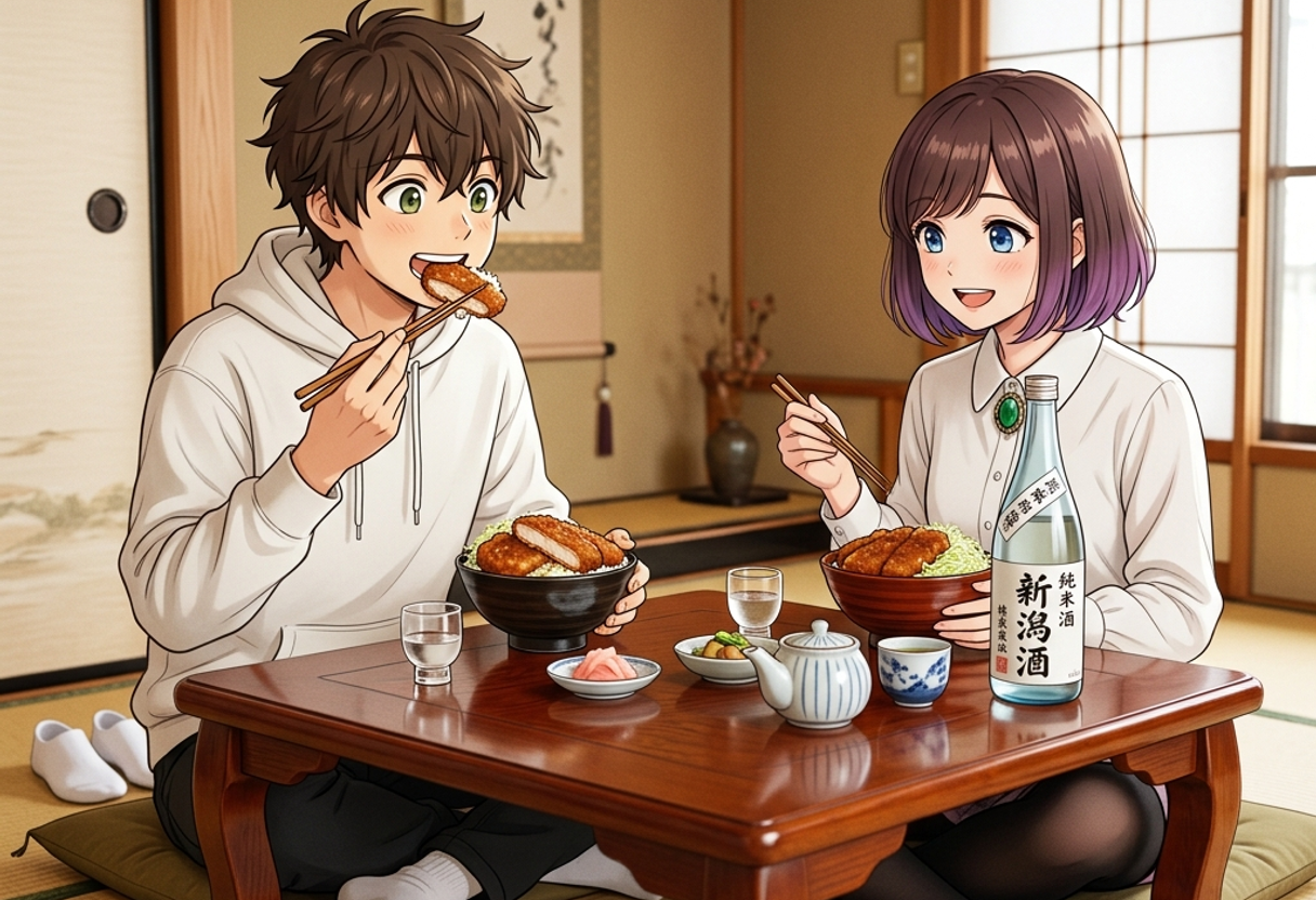 和室でお茶を片手に、アツアツの新潟名物タレかつ丼を美味しそうに食べるケンとサクラ