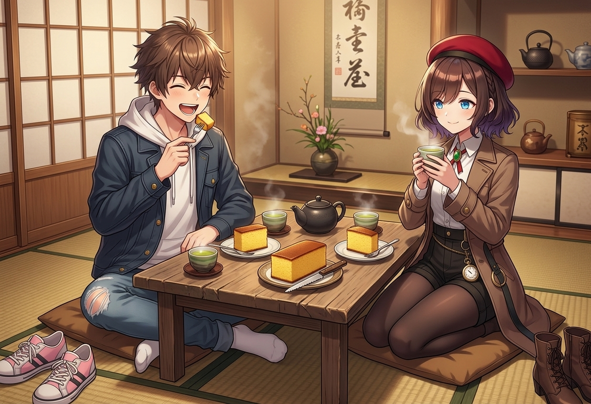 レトロな雰囲気の和室で、しっとりとした黄色い長崎カステラとお茶を楽しむケンとサクラ。ケンはフォークでカステラを口に運んで満足そうに笑顔を見せ、サクラは温かいお茶の湯呑みを手に上品に微笑んでいます。
