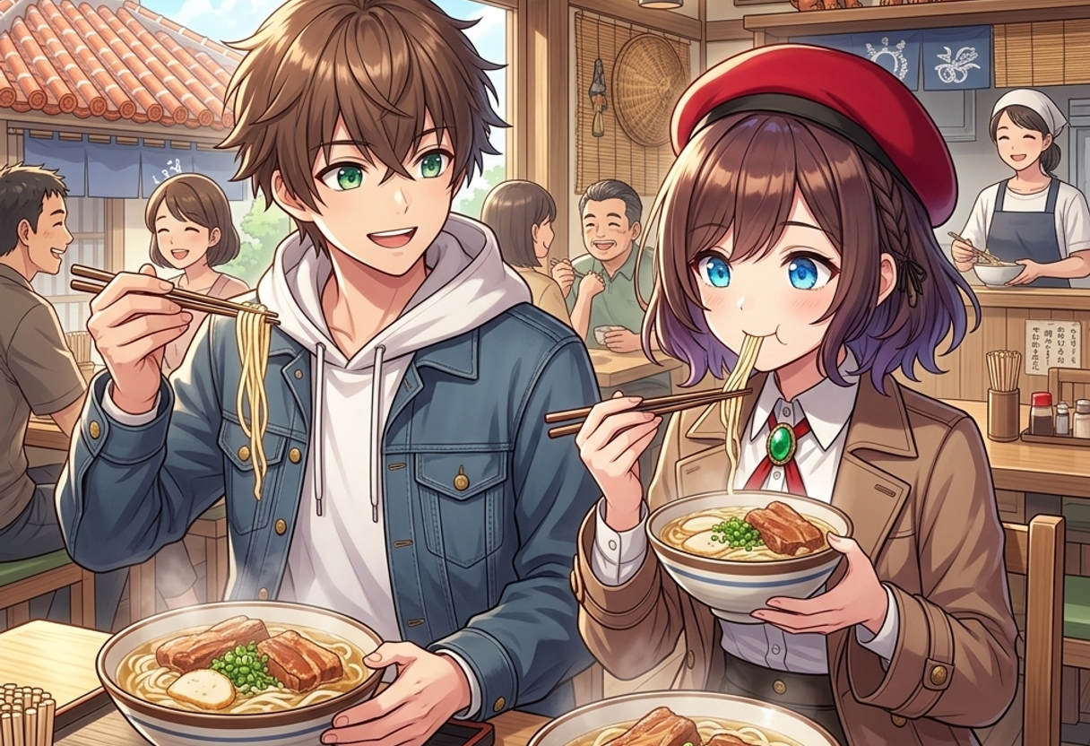 沖縄そばを食べるケンとサクラ