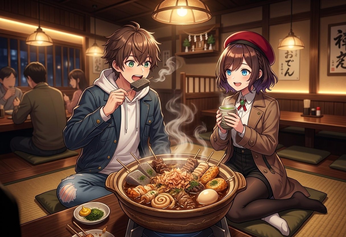 和風のレトロな店内で、黒い出汁が特徴の「静岡おでん」を食べるケンとサクラ。ケンは串に刺さった黒はんぺんを美味しそうに頬張り、サクラは温かいお茶を手に優しく微笑んでいます。