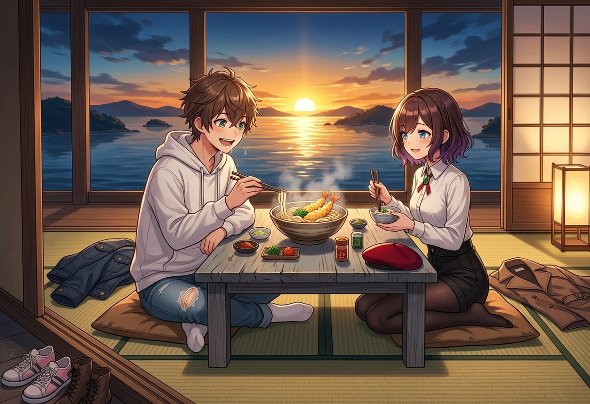 温泉宿の畳のお座敷で、窓の向こうに美しい夕暮れの瀬戸内海を眺めながら、名物の讃岐うどんを楽しそうに食べようとしているケンとサクラ。