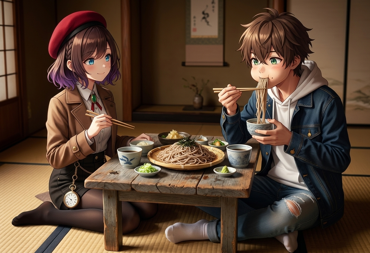 畳のお座敷で、竹ざるに盛られたツヤツヤの信州そばを食べるケンとサクラ。ケンはお箸でそばを口に運んで大喜びし、サクラは手元でお箸を持ちながら優しく微笑みかけています。