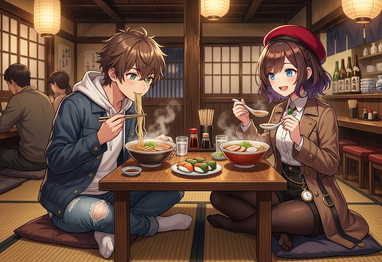 ラーメン店の座敷席で、豚骨醤油の濃厚な和歌山ラーメンと早寿司を食べるケンとサクラ。ケンは熱々のラーメンを箸で勢いよくすすり、サクラはレンゲでスープを味わいながら美味しそうに微笑んでいます。