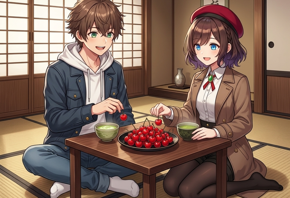 伝統的な茶屋でお茶と山形名産のさくらんぼを前に笑顔のケンとサクラ