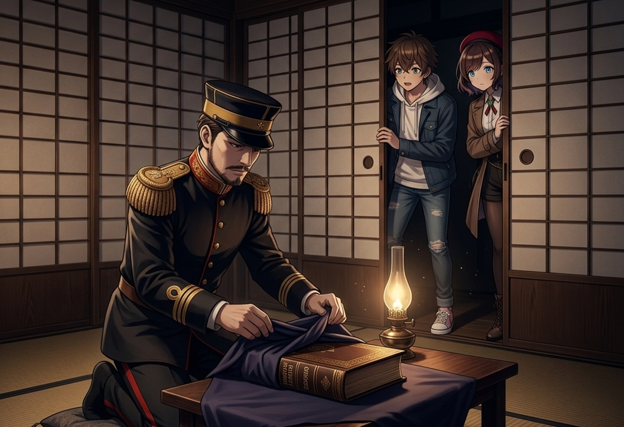 箱館奉行所の中で、榎本武揚が『海律全書』を布で包んでいる場面を、陰から現代服で見守るケンとサクラ