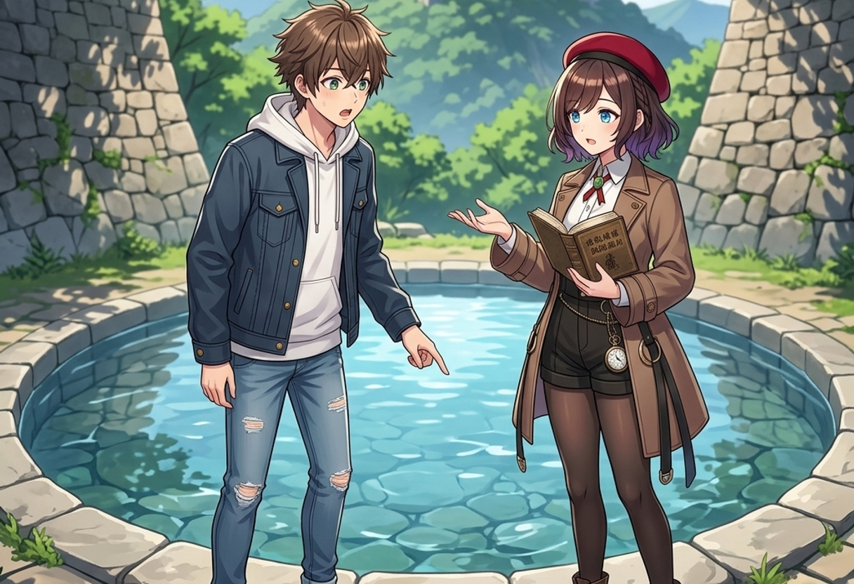 山頂の神秘的な石敷きの日の池と復元された美しい石垣群を見つめながら、上杉謙信の攻勢を防いだ金山城の防衛力について語り合うサクラとケン
