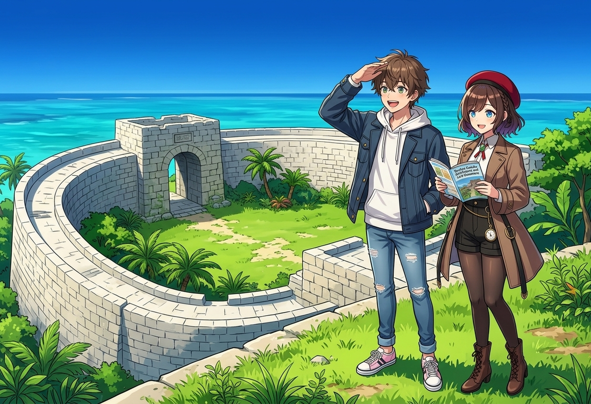 中城城跡の美しい切石積みのアーチ門とエメラルドグリーンの海を眺めるケンとサクラ