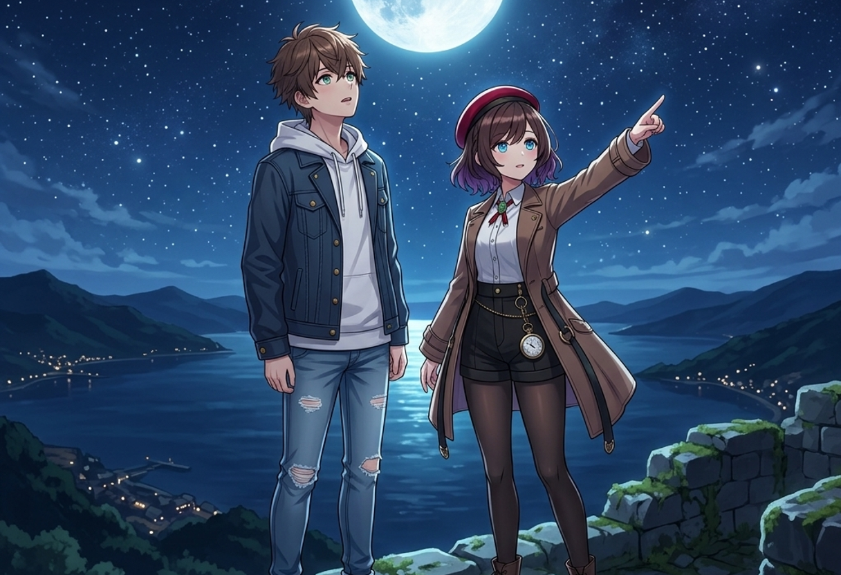 月明かりに照らされた七尾城の本丸跡から七尾湾を見下ろし、上杉謙信の詠んだ詩について語り合うケンとサクラ