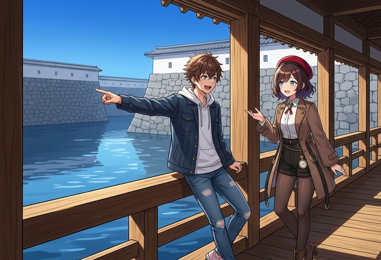 復元された美しい廊下橋（屋根付きの架け橋）を渡りながら、かつて海に浮かんでいたお城の姿を想像するサクラとケン