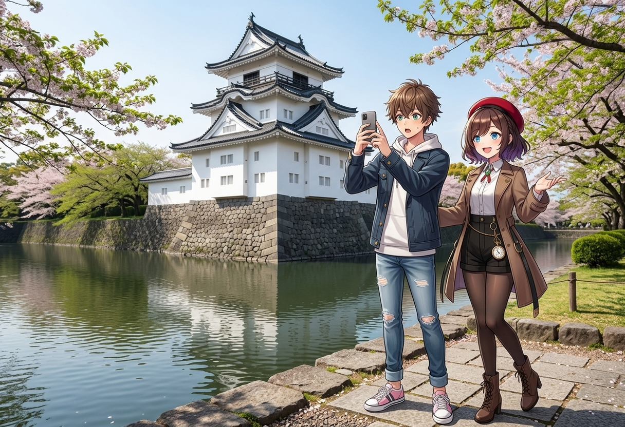 水堀を挟んで駿府城の巽櫓を見上げながら話すケンとサクラ。サクラは楽しそうに解説し、ケンはスマホで櫓の写真を撮っています。
