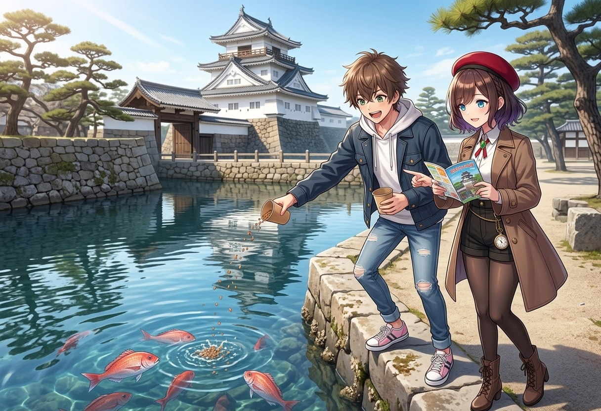 海さをたたえた高松城のお堀の前で、サクラがお堀の仕組みを説明している傍ら、ケンが鯛たちに楽しそうにエサを投げている様子。