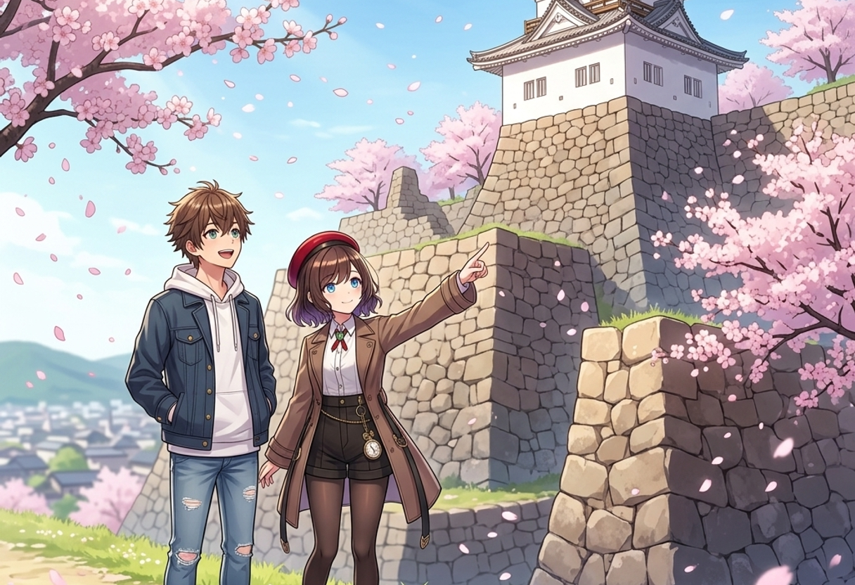 満開の桜に囲まれた美しい備中櫓を見上げて、その独特な構造について楽しげに語り合うケンとサクラ